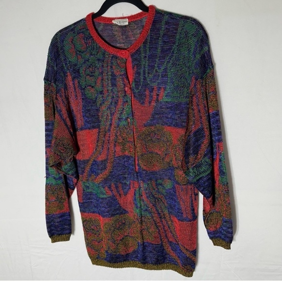 Vintage Holt Renfrew Red Blue Green Knit Half Button Up Pullover Light Sweater M - Picture 16 of 16